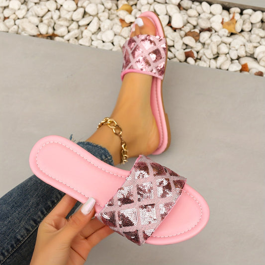 Women's Sequins Flat Slides, Fashion Open Toe Summer Beach Shoes, Casual Outdoor Slide Shoes