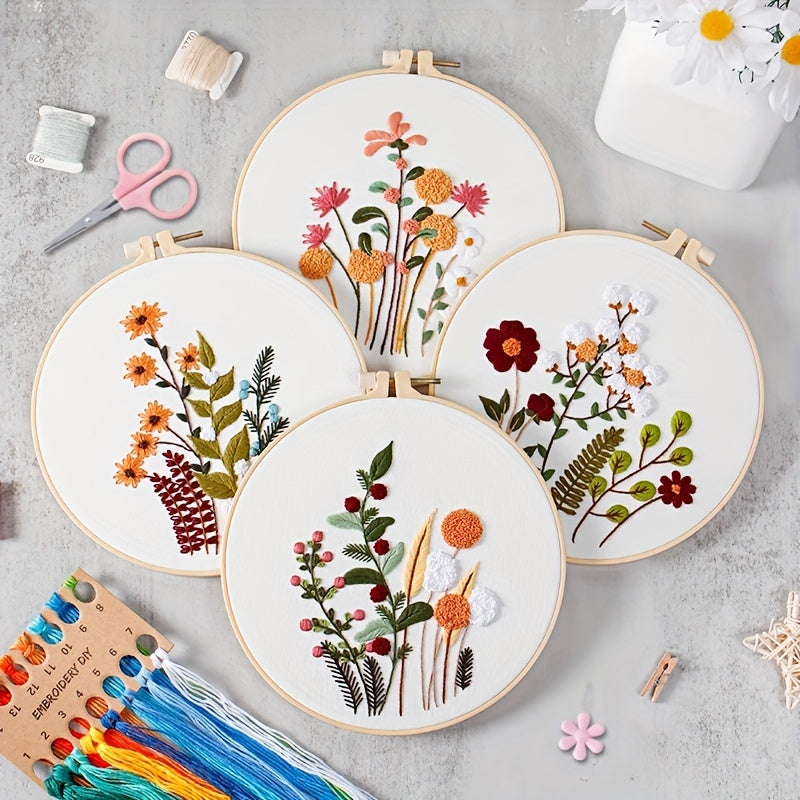 4 Pack Embroidery Kit For Beginners Adults, Cross Stitch Kits, Flowers And Plants, Include 1 Embroidery Hoop 7.9 Inch