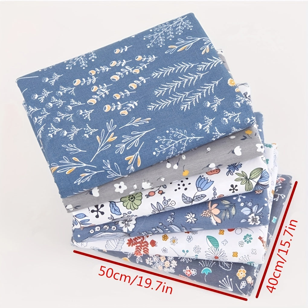 6 peças de tecido com padrão floral e folha Fat Quarter, tecido cinza e azul escuro para costura de patchwork DIY, pano de boneca e pano de bolsa artesanal, 19,69 * 15,75 polegadas