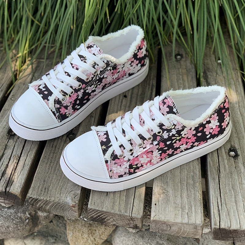 Canvasschuhe mit Blumenmuster für Damen, lässige Skateschuhe mit Schnürung und niedrigem Oberteil, flache All-Match-Sneaker