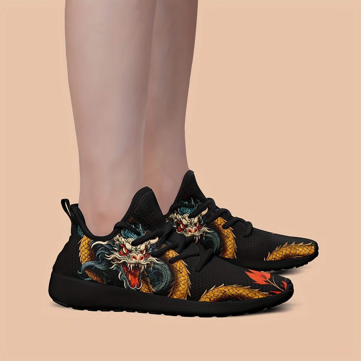 Hommes Chinois Dragon Conception Graphique En Tricot Respirant Chaussures de Course, Confortable Doux Semelle Absorption Des Chocs À Lacets Sneakers