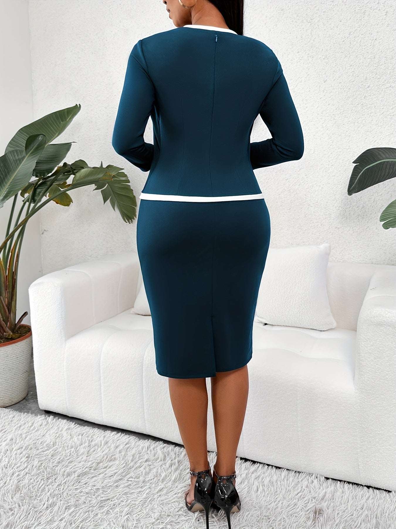 Vestido 2 em 1 com acabamento contrastante, vestido elegante de manga comprida bodycon para escritório e trabalho, roupas femininas