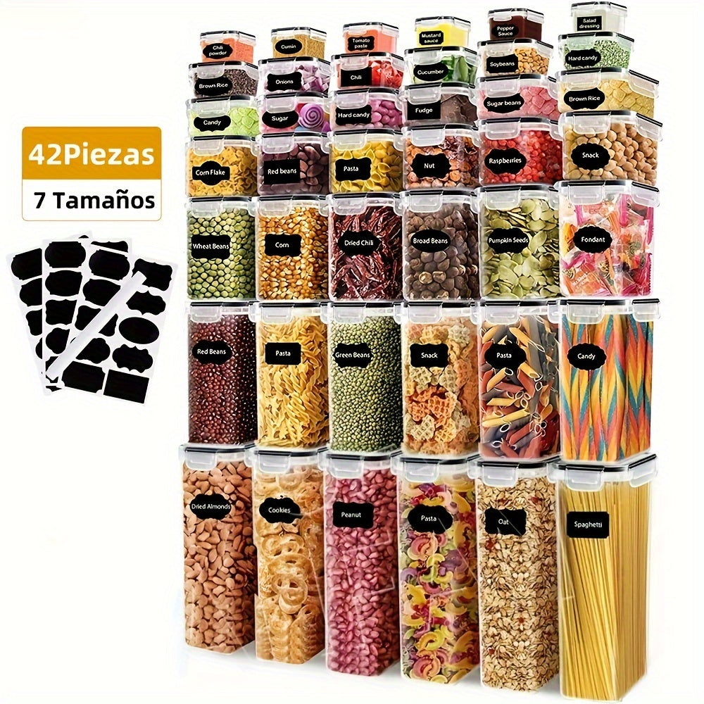 Juego de 42 piezas de refrigerador de cocina, sin BPA, caja de almuerzo de plástico resistente al calor para microondas, caja de almacenamiento de plástico para cereales, harina y azúcar, viene con papel de pizarra 1 cuchara de pluma blanca, suministros d