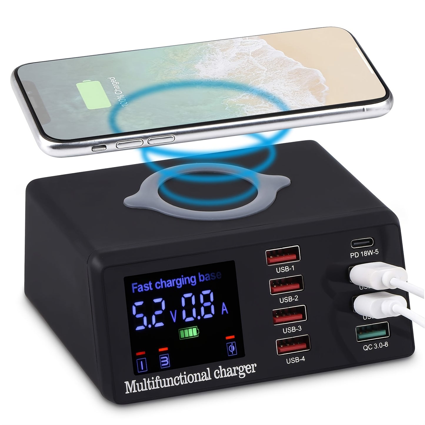 PD20W insgesamt 100W, 8-Port-USB-Schnellladegerät 3.0QC, 15W schnelles drahtloses Laden, USB-Hub-Schnell ladestation kompatibel mit allen Smartphones und für IPads, Kamera-Headsets, für Samsung \ u002FAndroid \ u002FAndere USB-Geräte