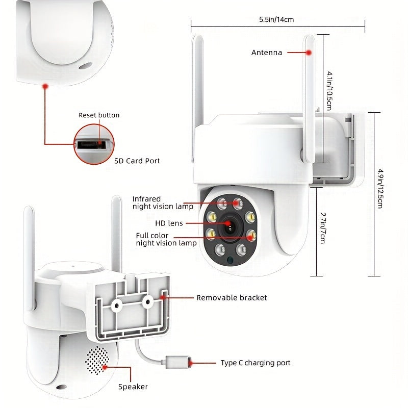 Câmera externa de segurança WiFi de 1 unidade de 2,4 GHz, câmera IP sem fio 1080P CCTV, visão noturna, detecção de movimento, segurança doméstica, sem cartão TF \ u002FSD