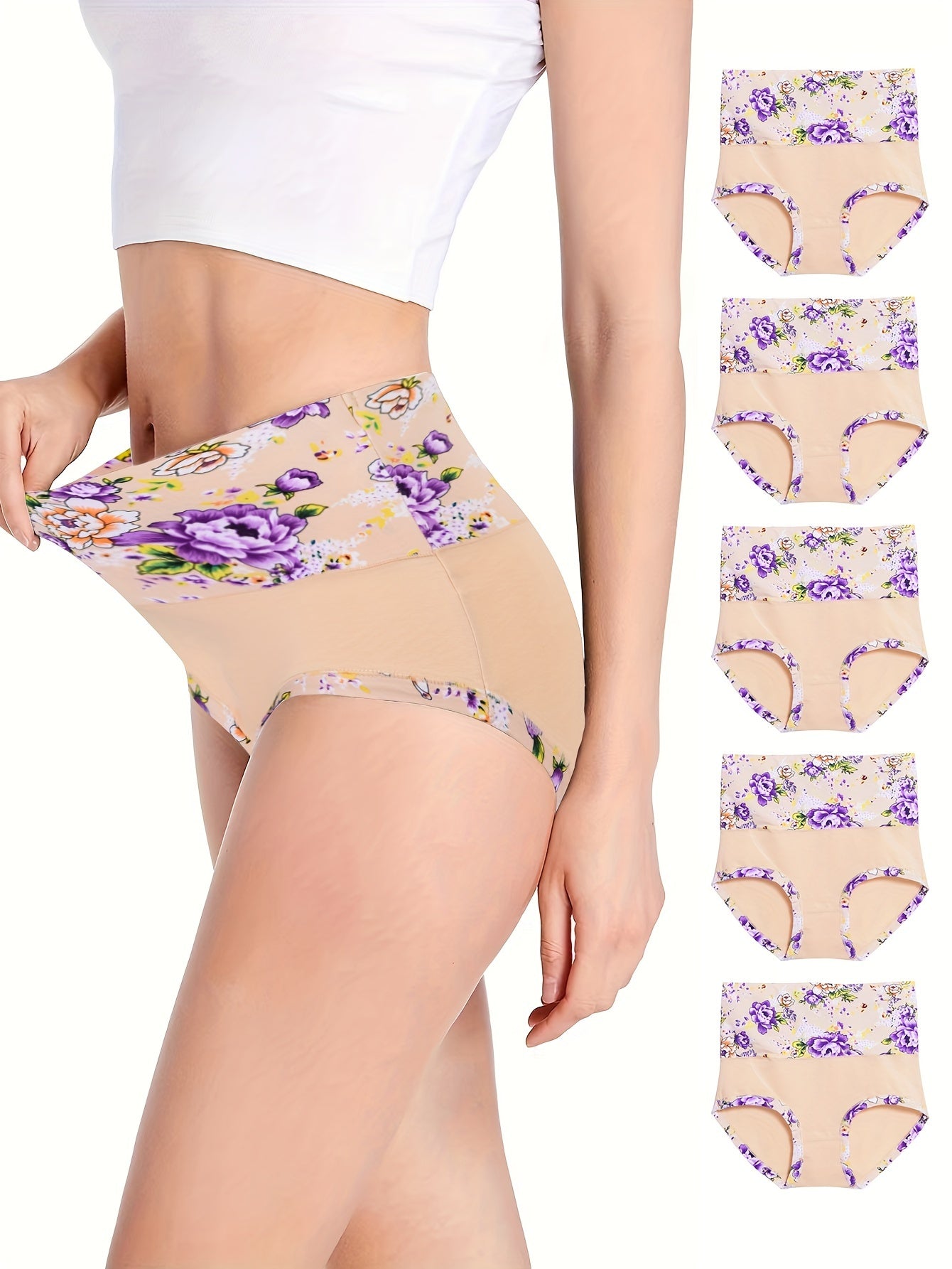 5pcs Floral Print Briefs, Comfy & Breathable Stretchy Intimates Panties, Women's Lingerie & Underwear