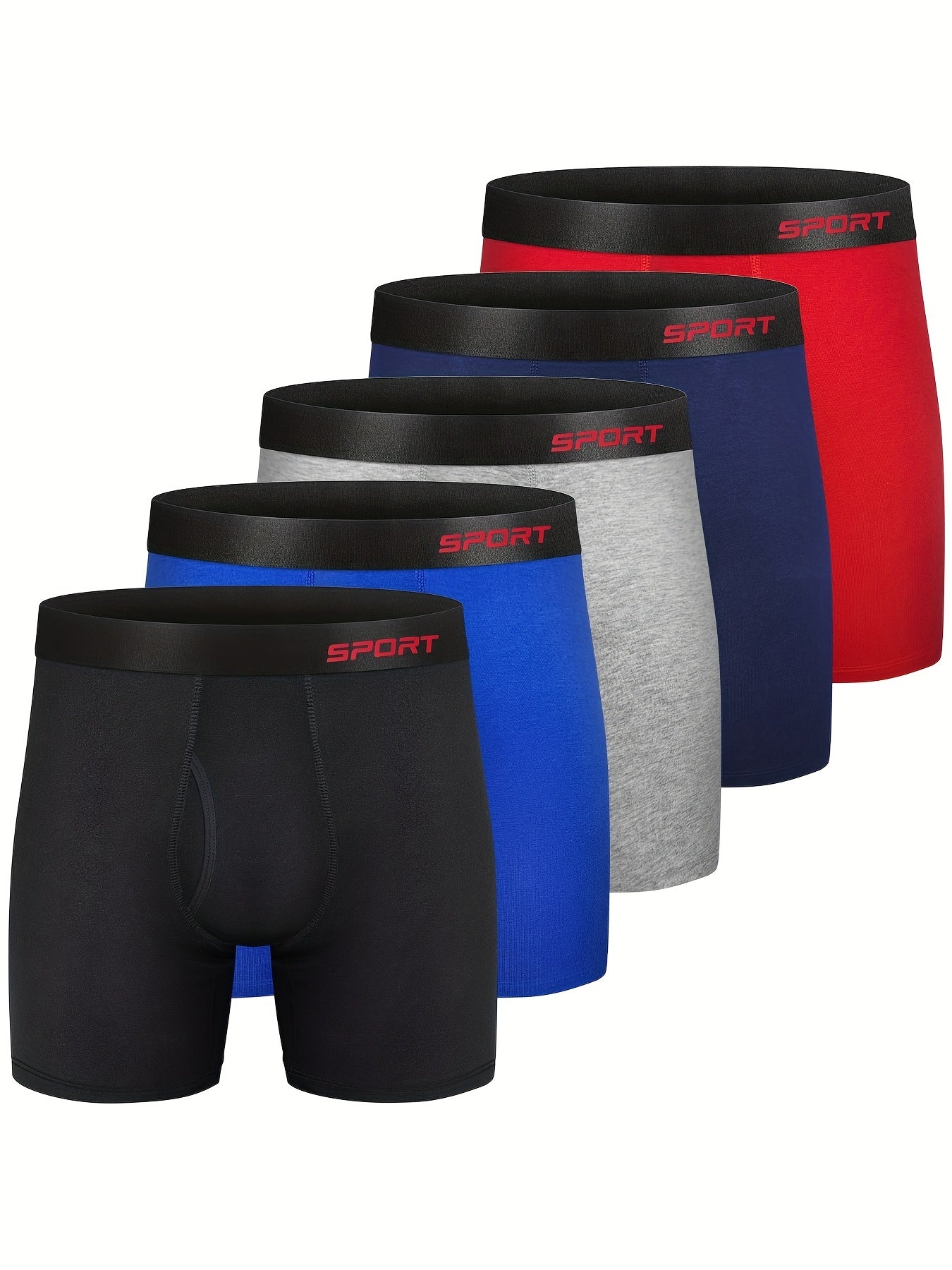 5pcs Men's Sports Long Boxers Briefs With Fly, Cotton Underwear, Regular Stretch Elastic Wide Band Comfortable Underpants