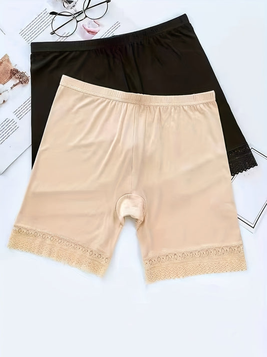 2pcs Contrast Lace Panties, Soft & Comfy Intimates Safety Shorts, Women's Lingerie & Underwear