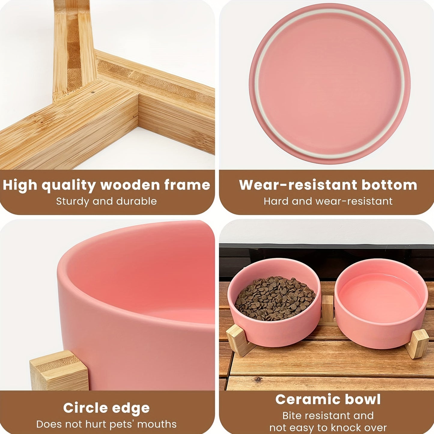 Elevated Pet Double Bowls, Ceramic Non-slip Cat Food And Water Bowl With Wooden Stand, Easy To Clean Cat Feeding Basin For Small Sized Cats And Dogs .