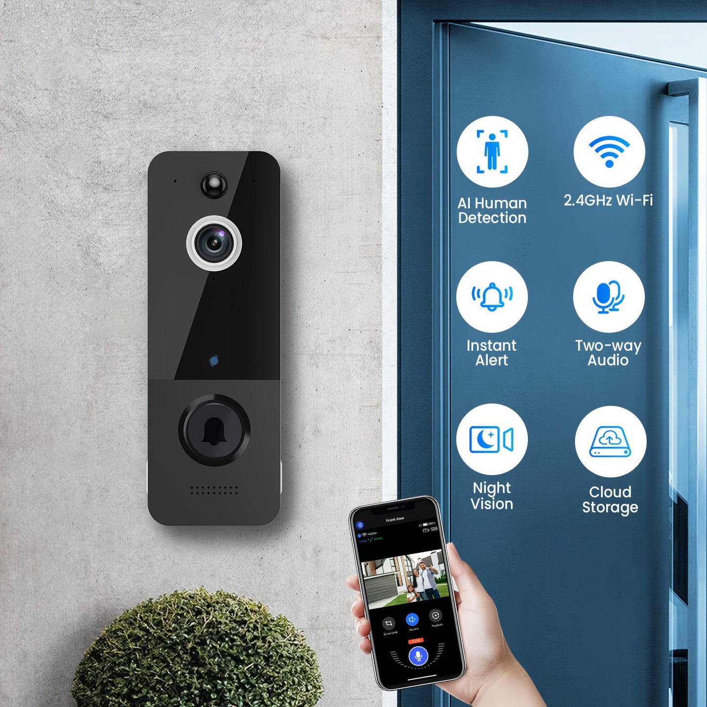 1pc Smart Wireless Video Doorbell Camera - AI Deteção Humana, HD Live Image, 2-Way Audio, Visão Noturna, Bateria alimentada, 2.4G WiFi, 100% Wire-Free & IP65 Waterproof Design