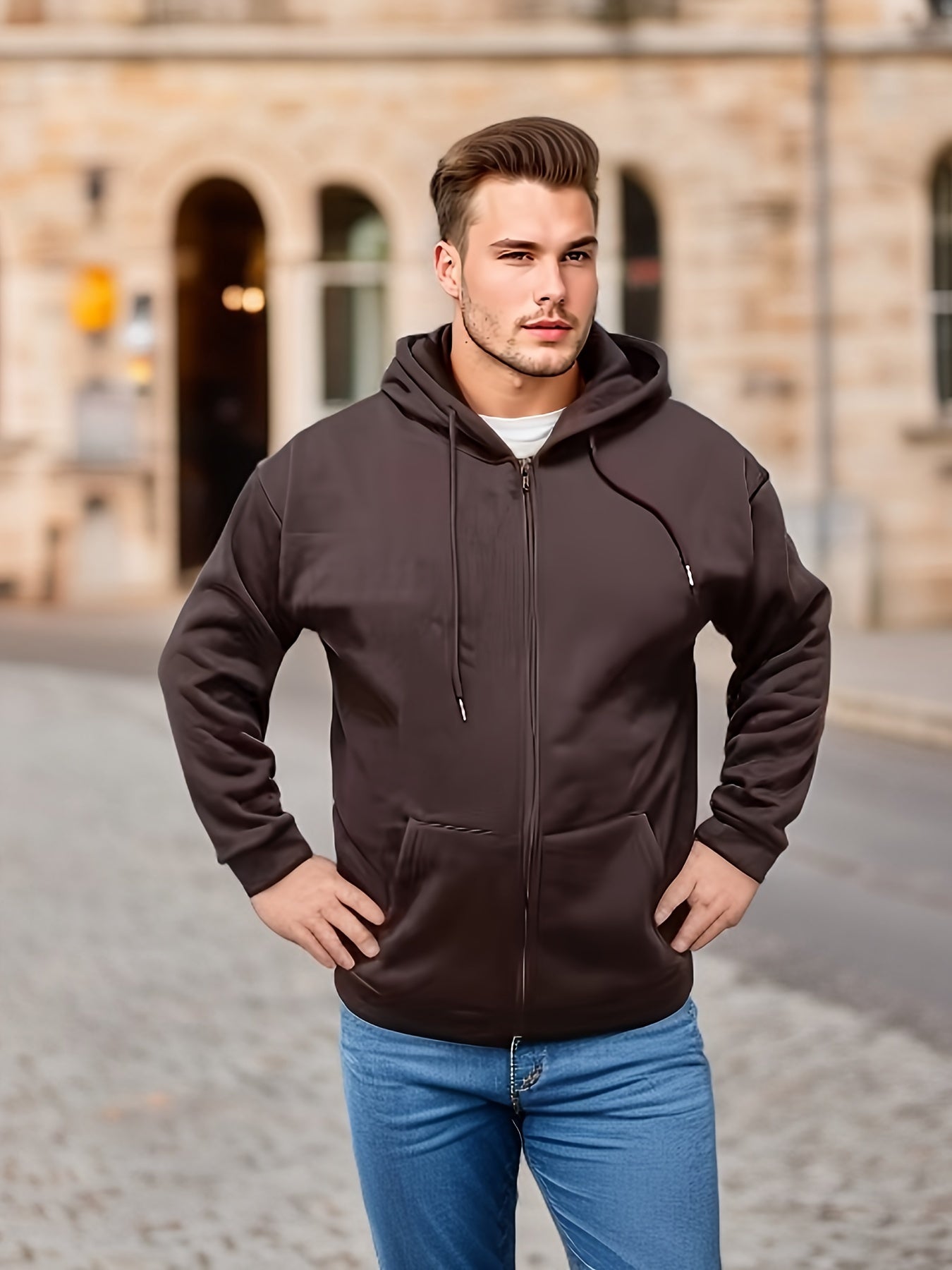 Plus Size Men's Solid Hoodies Oversized Hooded Jacket With Zipper For Fall Winter, Men's Clothing