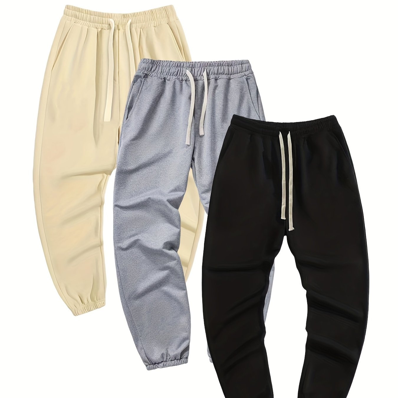 Conjunto de 3 peças de moletom sólido, calça de moletom com cordão, calças de ajuste solto, casual, ligeiramente elástico, para homens, primavera, outono, corrida, corrida