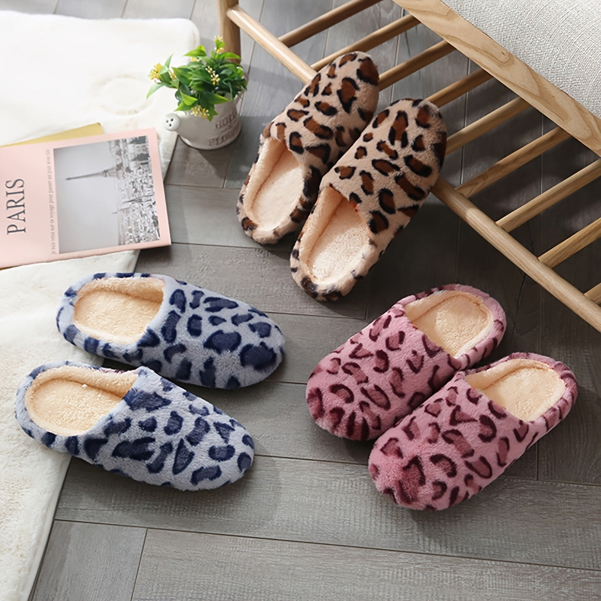 Women's Fluffy Home Slippers, Soft & Comfortable Leopard Pattern Indoor Slides