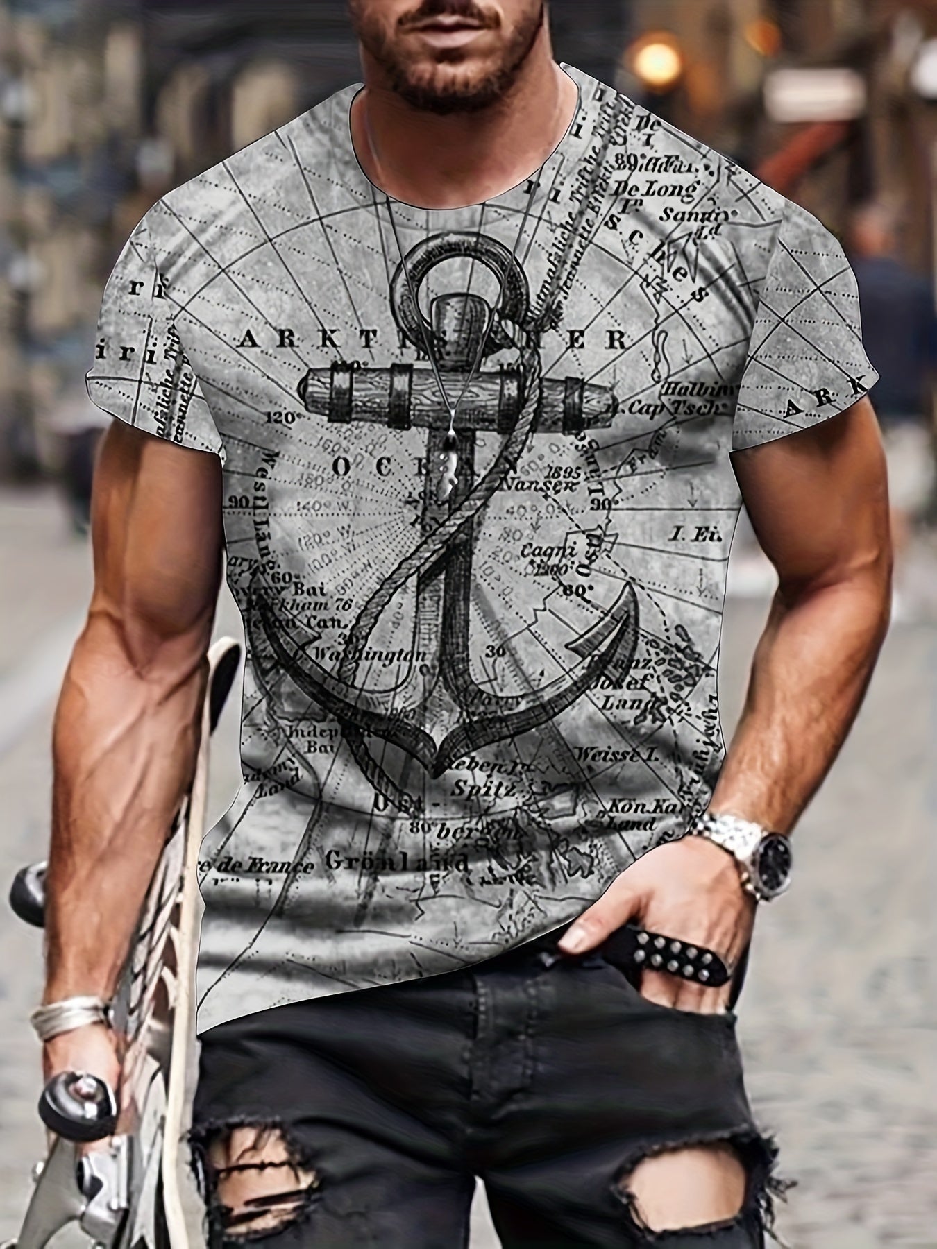 Camiseta masculina plus size com estampa gráfica de âncora 3D para o verão, estilo de rua, camisetas de manga curta para caras grandes e altos