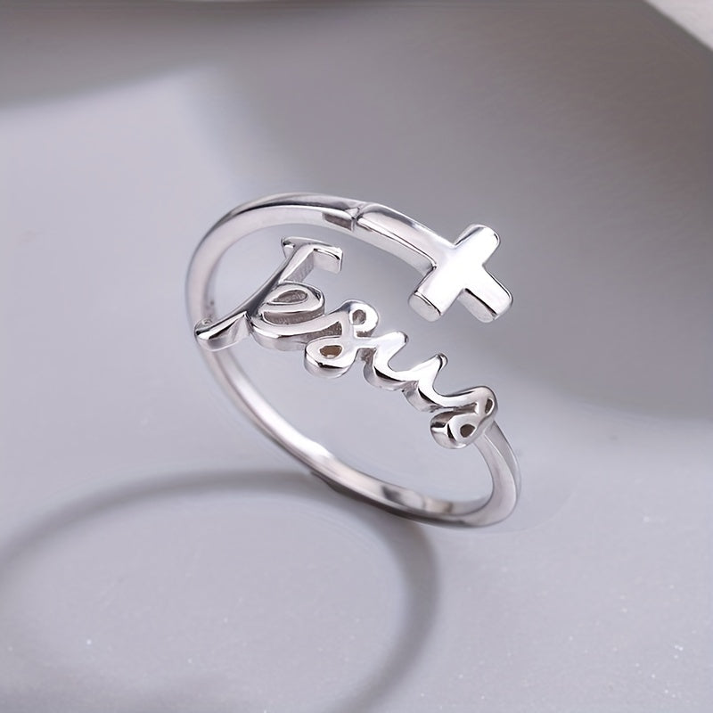 925 Sterling Silver Ring Trendy Cross Plus 'jesus' Design Adjustable Wrap Ring Match Daily Outfits Suitable For Men And Women (without Box)