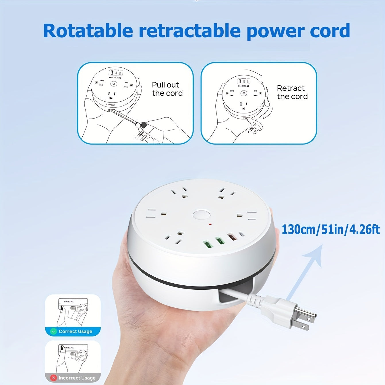 Carte de puissance de voyage, carte de puissance rétractable, avec 5 prises CA et 3 ports USB (1 USB C), câble d'extension rétractable à trois prises American Standard, 51,18 pouces, essentiel pour les bateaux de croisière, adapté aux hôtels de voyage, bl