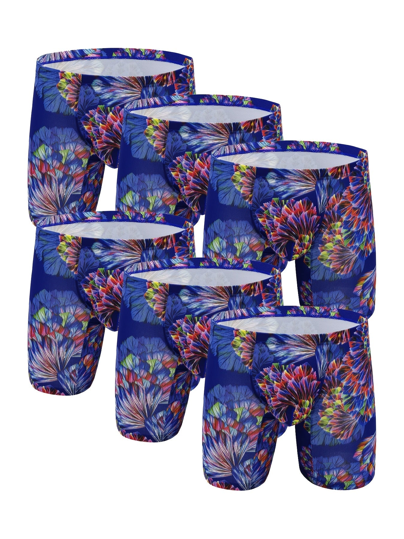 6pcs Men's Flower Pattern Fashion Personality Long Leg Boxer Briefs Shorts, Breathable Comfy Quick Drying Stretchy Boxer Trunks, U-shaped Convex Pouch Panties, Men's Underwear