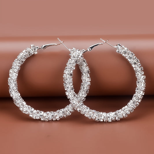 Large Full Rhinestone Hoop Earrings Silver Plated Delicate Jewelry Party Holiday Gift For Women Girls 1Pair