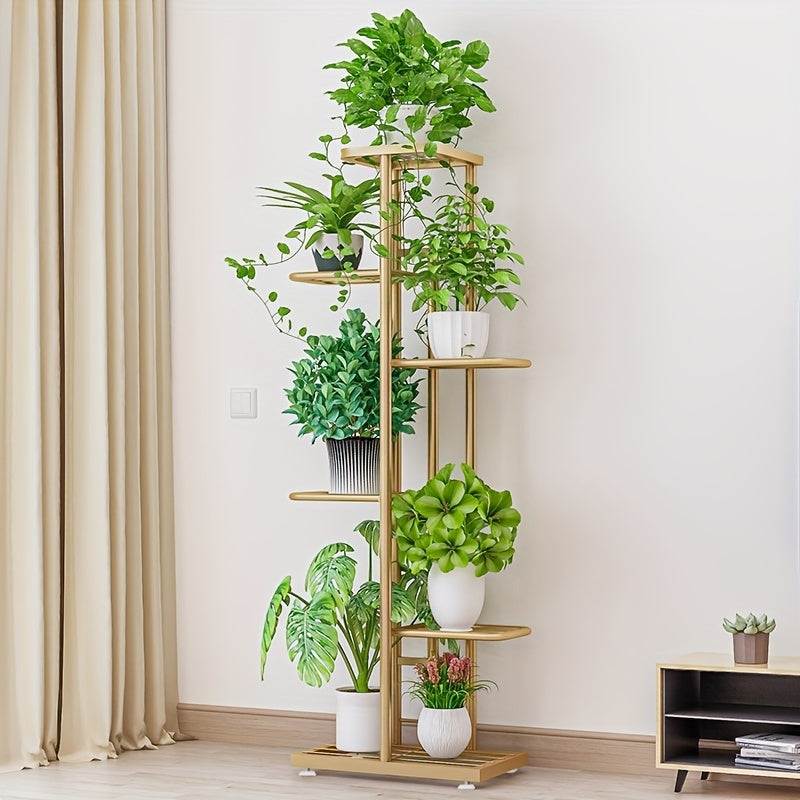 1pc 5 capas hierro forjado estante de la flor con 6 ollas-perfecto para balcón, plantas suculentas y decoración del hogar-Simple planta de montaje soporte para sala de estar