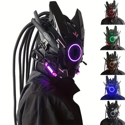 Fashion Cool LED Lights Punk Mask With Tubular Braid .Futurist Science Fiction Mechanical Mask Halloween Cosplay Samurai Masks Music Festival Party Coolplay Accessories For Adults Gift