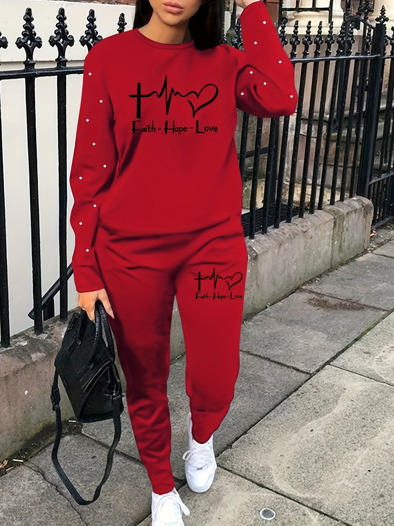 Graphic & Letter Print Two-piece Set, Casual Long Sleeve Sweatshirt & Sweatpants Outfits, Women's Clothing