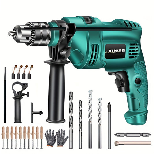 1 Set Impact Electric Hand Drill Set, 2 Gear Adjustment Electric Drill And Impact Drill Switching, Corded Drill, 7 Drill Bits, Horizontal Function, Speed Control Function, Woodworking Tool, Power Tool