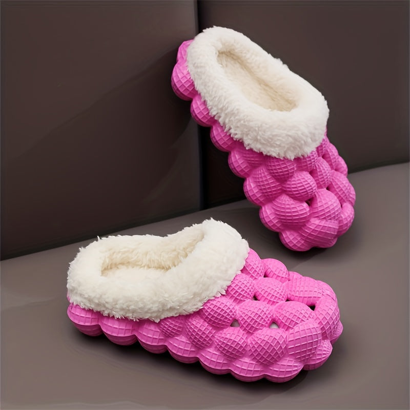 Girl's Ultra Soft Massage Bubble Slides With Warm Plush Lining, Relaxable Trendy Cushioned Non-slip Slippers For Kid's Indoor Home Shoes