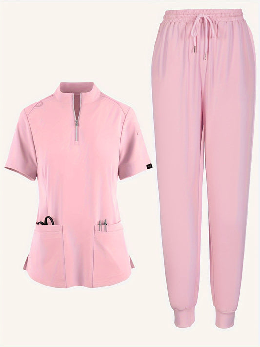 Solid Two-piece Set, Elegant Short Sleeve Scrub Top & Drawstring Pants Outfits For Medical & Health Care, Women's Clothing