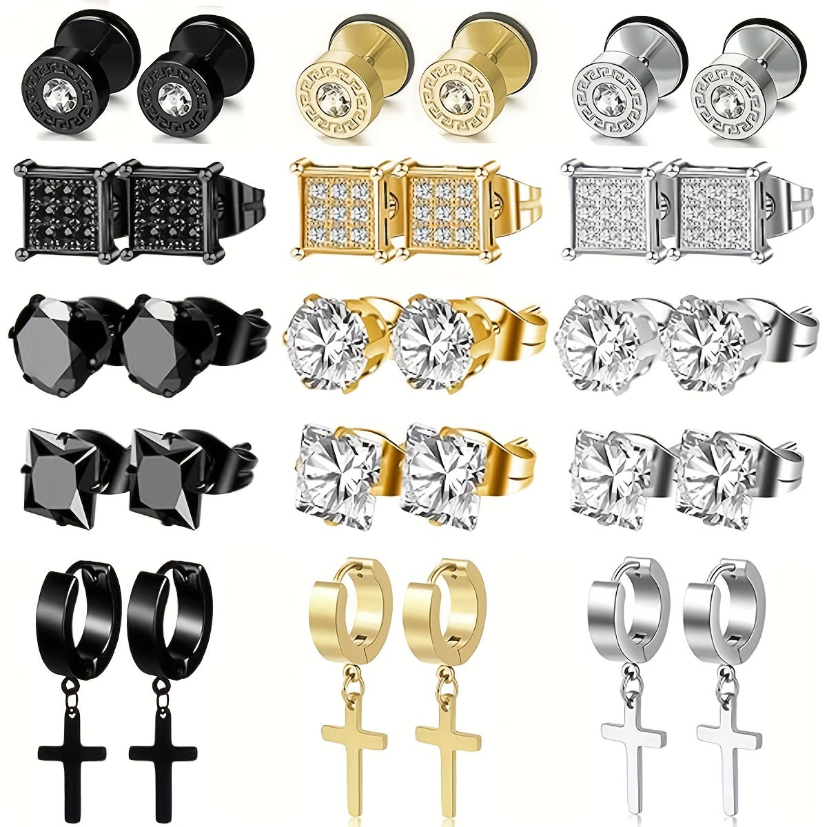 15 Pairs Stainless Steel Earrings For Men, Cross Dangle Hinged Earrings, Cubic Zirconia Stud Earrings For Men, Ear Piercing Jewelry