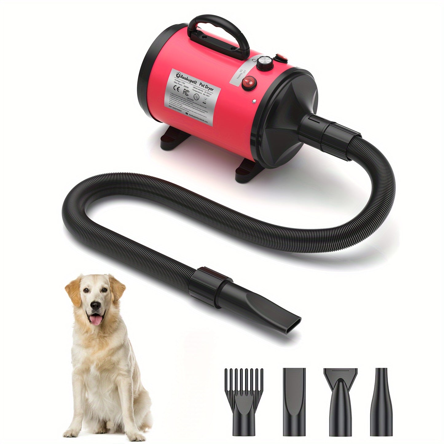 Secador de cães Aookupett para cuidar de cães, secador de cabelo de alta velocidade 2800w \u002F3.8HP para cães, secador de animais de estimação com velocidade ajustável contínua, secador de cabelo de cachorro para gatos e cães com aquecedor, 4 bicos, dom