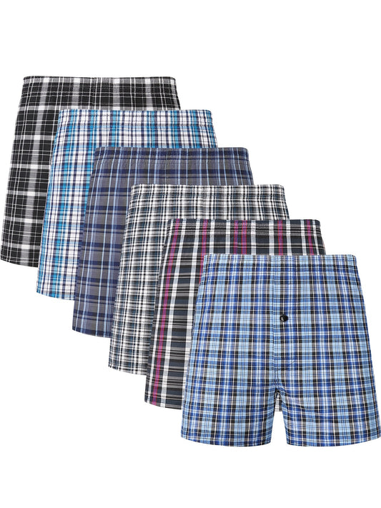 6PCS Men's Casual Simple Pattern Elastic Drawstring Boxer Shorts, Oversized Short Pants Plus Size