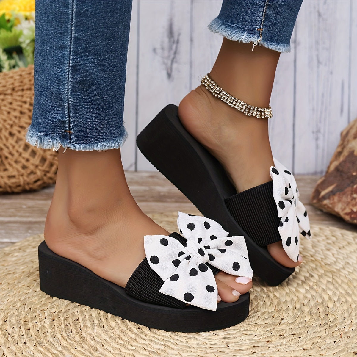 Women's Polka Dot Pattern Bowknot Sandals, Slip On Soft Sole Platform Wear-resistant Shoes, Non-slip Beach Wedge Shoes