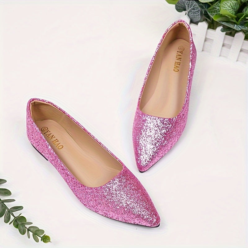 Women's Glitter Design Flat Shoes, Elegant Point Toe Slip On Shoes, Lightweight & Comfortable Shoes