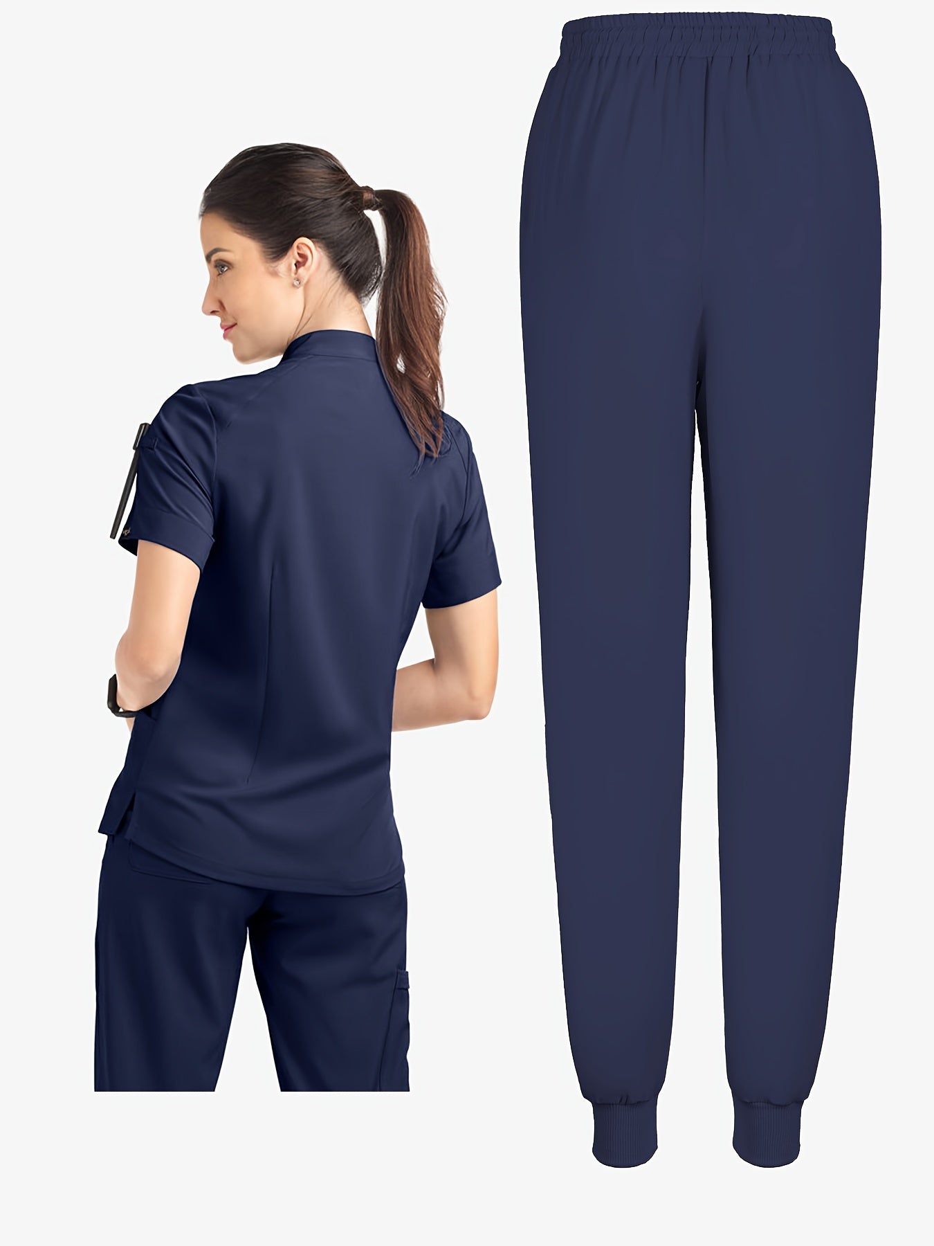 Solid Two-piece Set, Elegant Short Sleeve Scrub Top & Drawstring Pants Outfits For Medical & Health Care, Women's Clothing