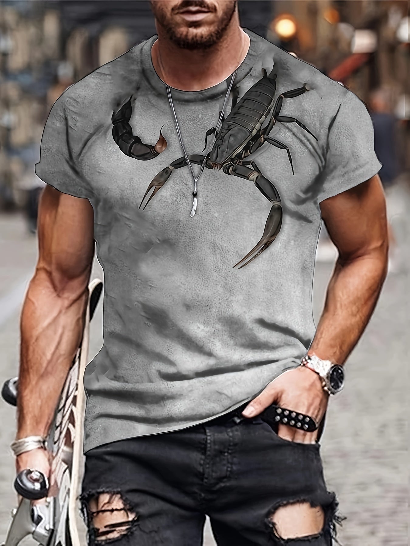 3D Scorpion Print, Men's Graphic Design Crew Neck Novel T-shirt, Casual Comfy Tees Tshirts For Summer, Men's Clothing Tops For Daily Vacation Resorts