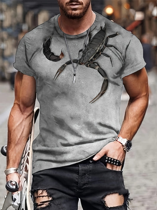 3D Scorpion Print, Graphic Design Crew Neck Roman T-shirt, Casual confortable T-shirts pour l'été, les vêtements pour hommes Tops pour les stations de vacances quotidiennes