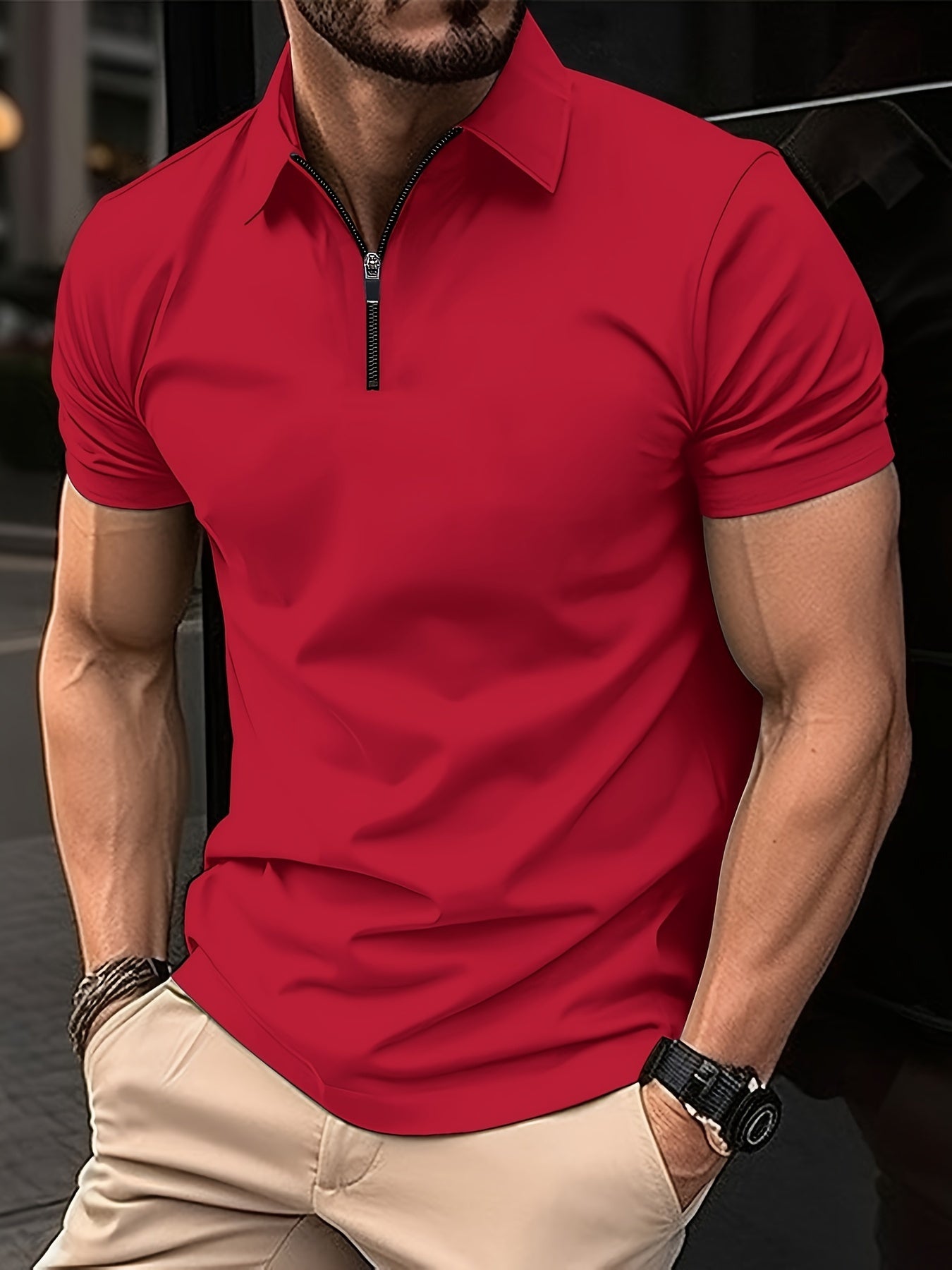 Camisa esportiva masculina casual de estiramento médio de manga curta