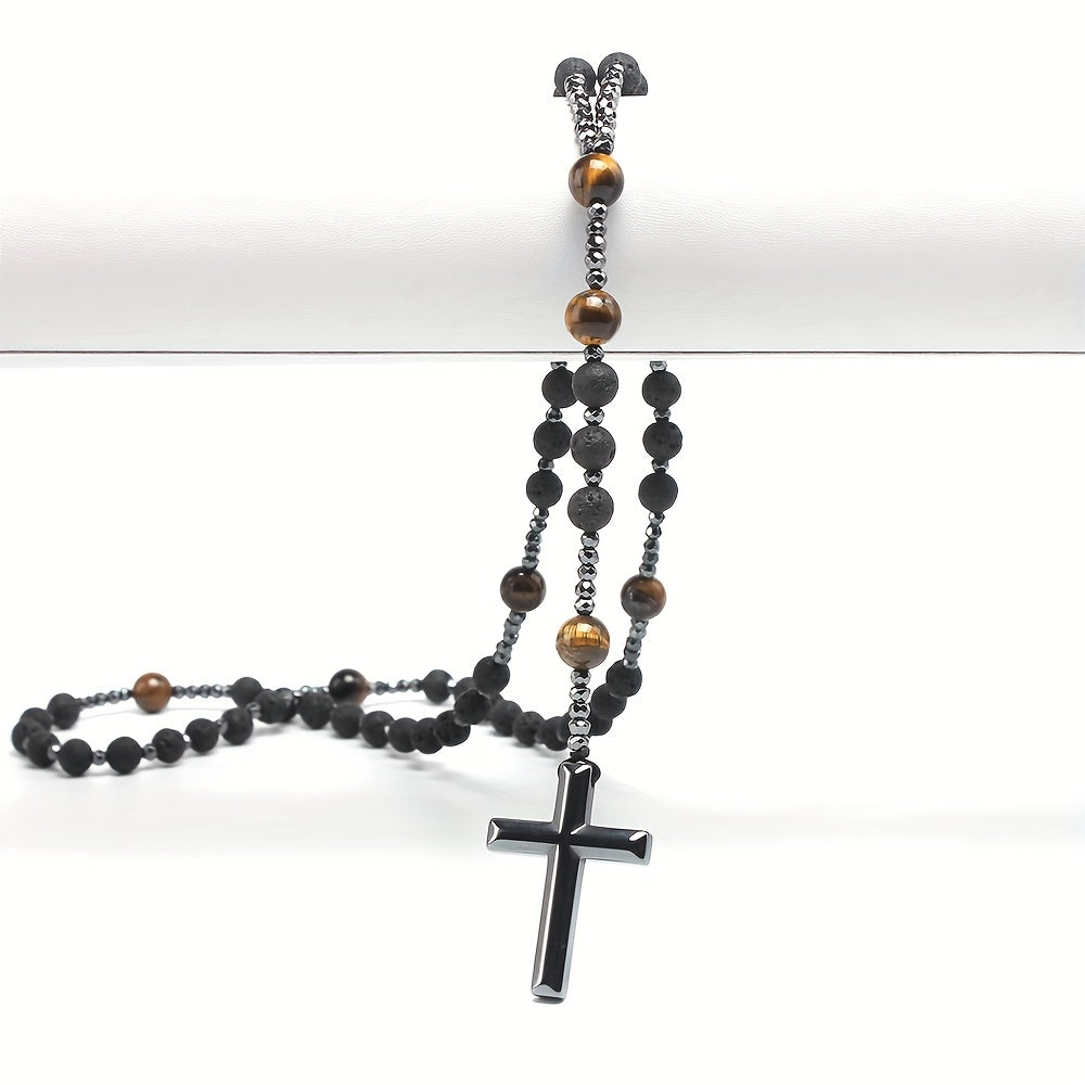 1pc 8mm Black Volcanic Rock 10mm Yellow Tiger Eye Black Gallstone Cross Religious Necklace