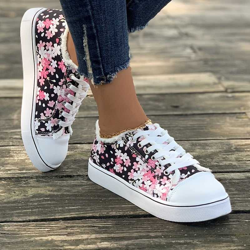 Zapatos de lona con estampado floral para mujer, Casual Lace Up Low Top Skate Shoes, Zapatillas planas de todo fósforo