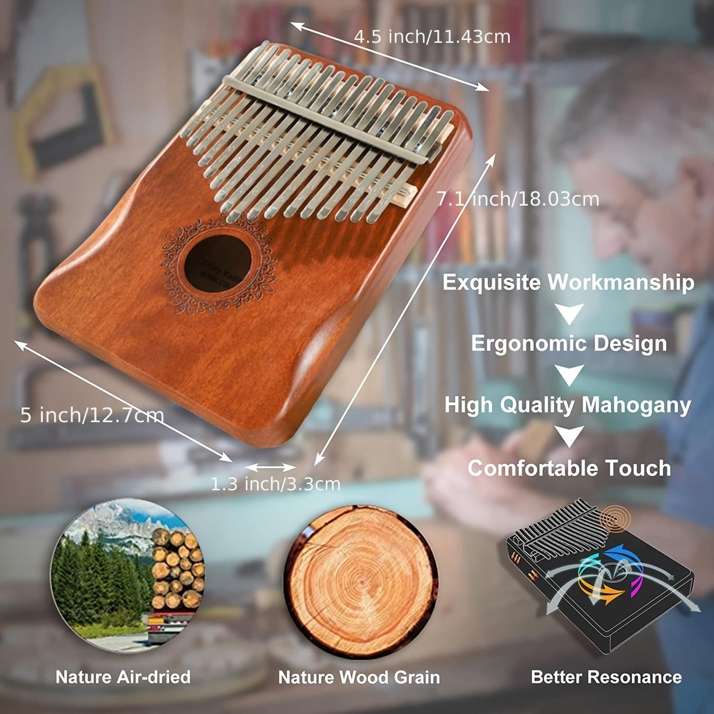 17 Keys Kalimba Thumb Piano, Ergonomic Portable Finger Piano, Retro Style Mbira Finger Piano With Study Instruction And Tune Hammer, Music Gifts For Adults Beginners Lovers Players Professional