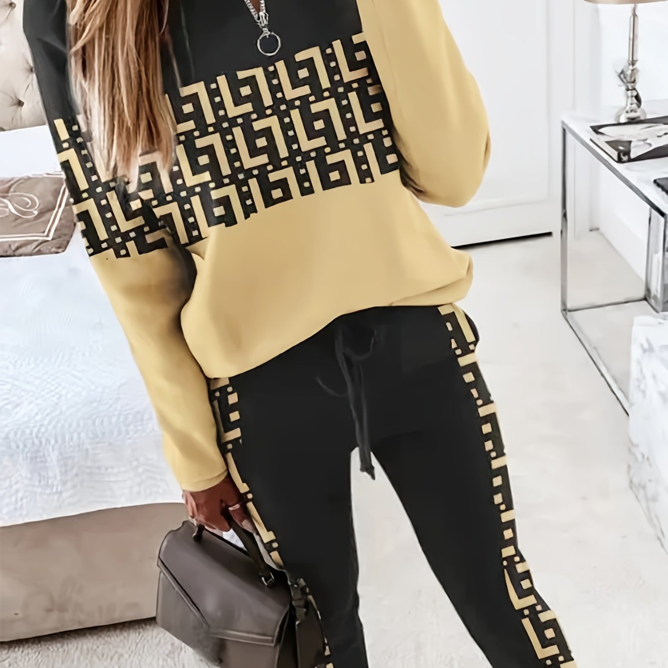 Casual Geo Print Two-piece Set, Quarter Zip Sweatshirt & Drawstring Pants Outfits, Women's Clothing