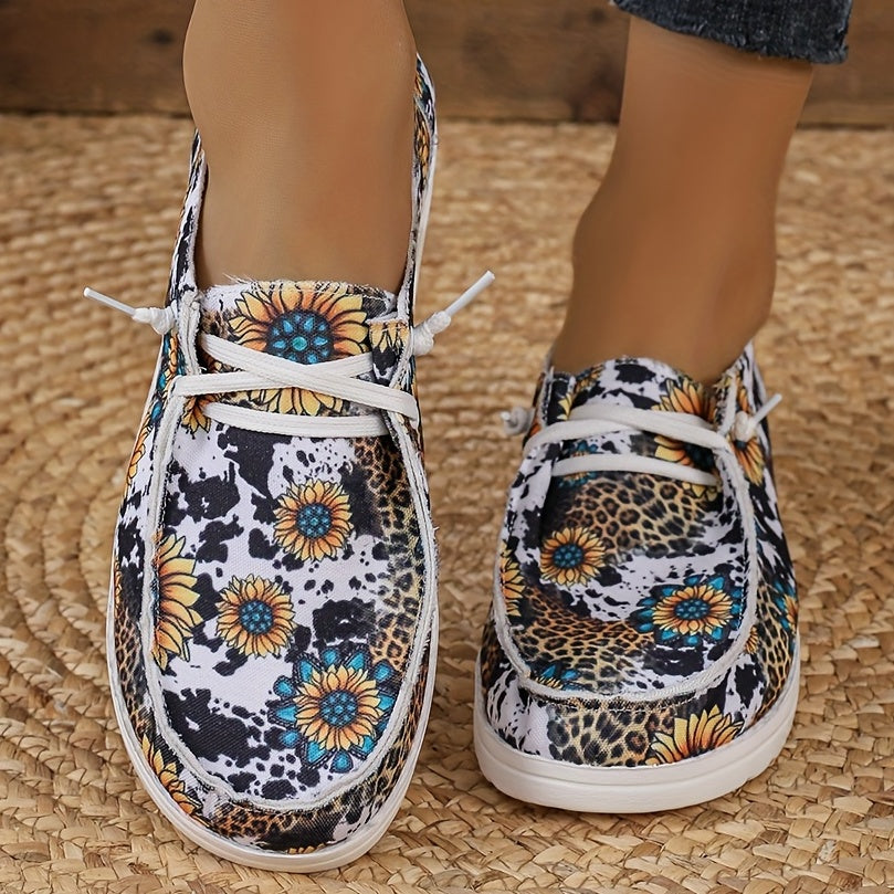 Mocassins femininos de lona com estampa floral, sapatos de dedo redondo com cadarço, sapatos casuais e leves para atividades ao ar livre