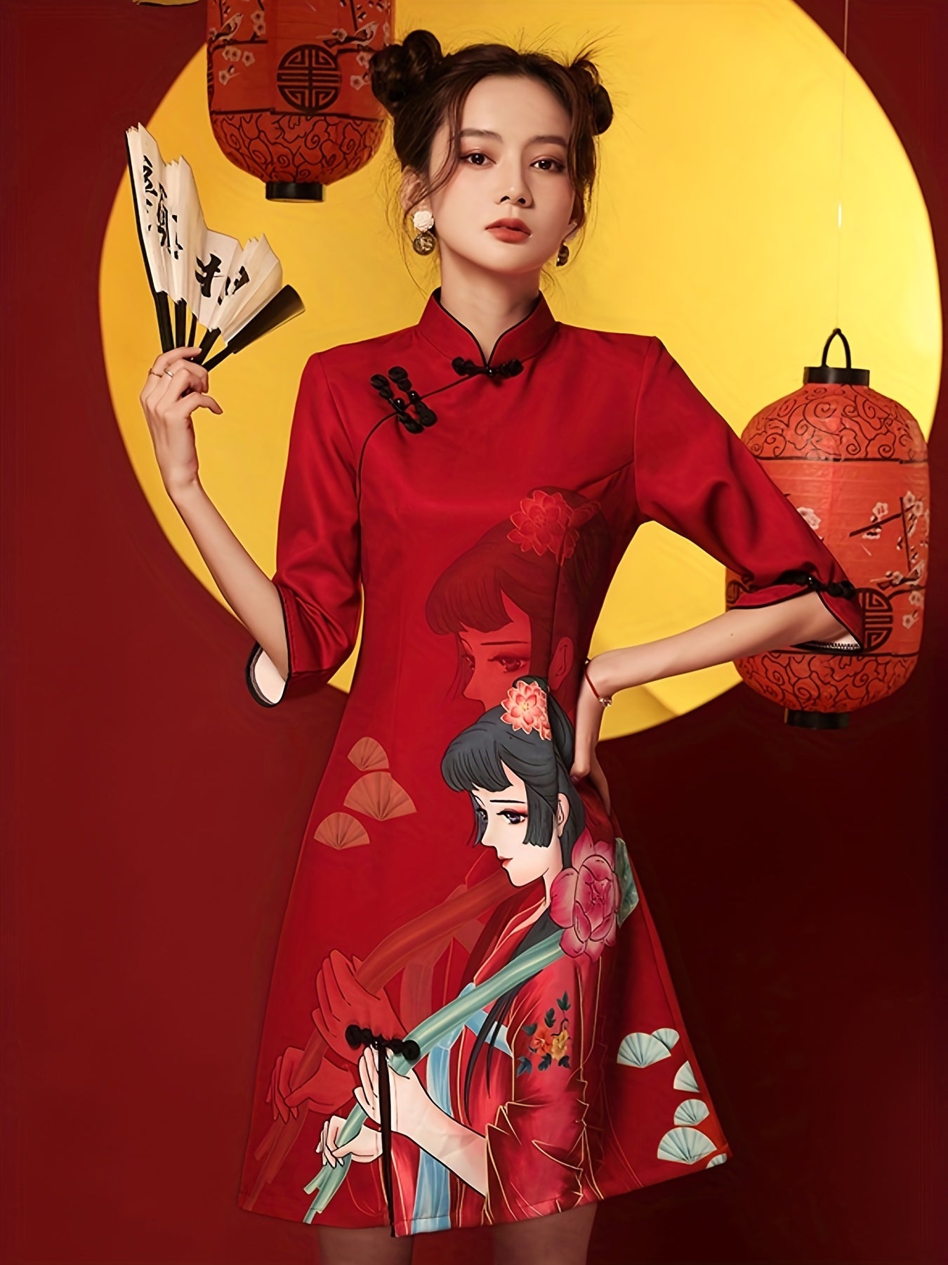 Girl Print Cheongsam Dress, Vintage Chinese Style Slim Qipao Dress, Women's Clothing