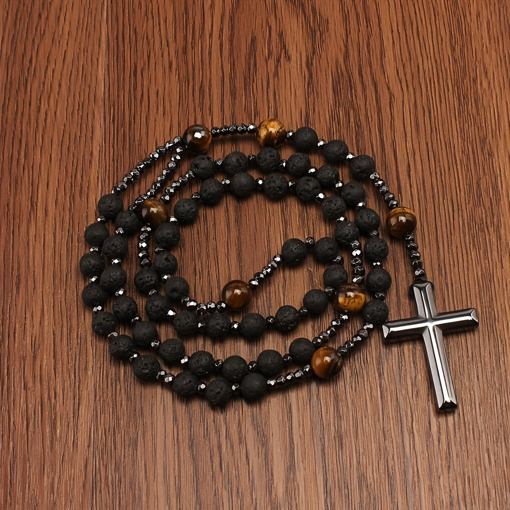 1pc 8mm Black Volcanic Rock 10mm Yellow Tiger Eye Black Gallstone Cross Religious Necklace