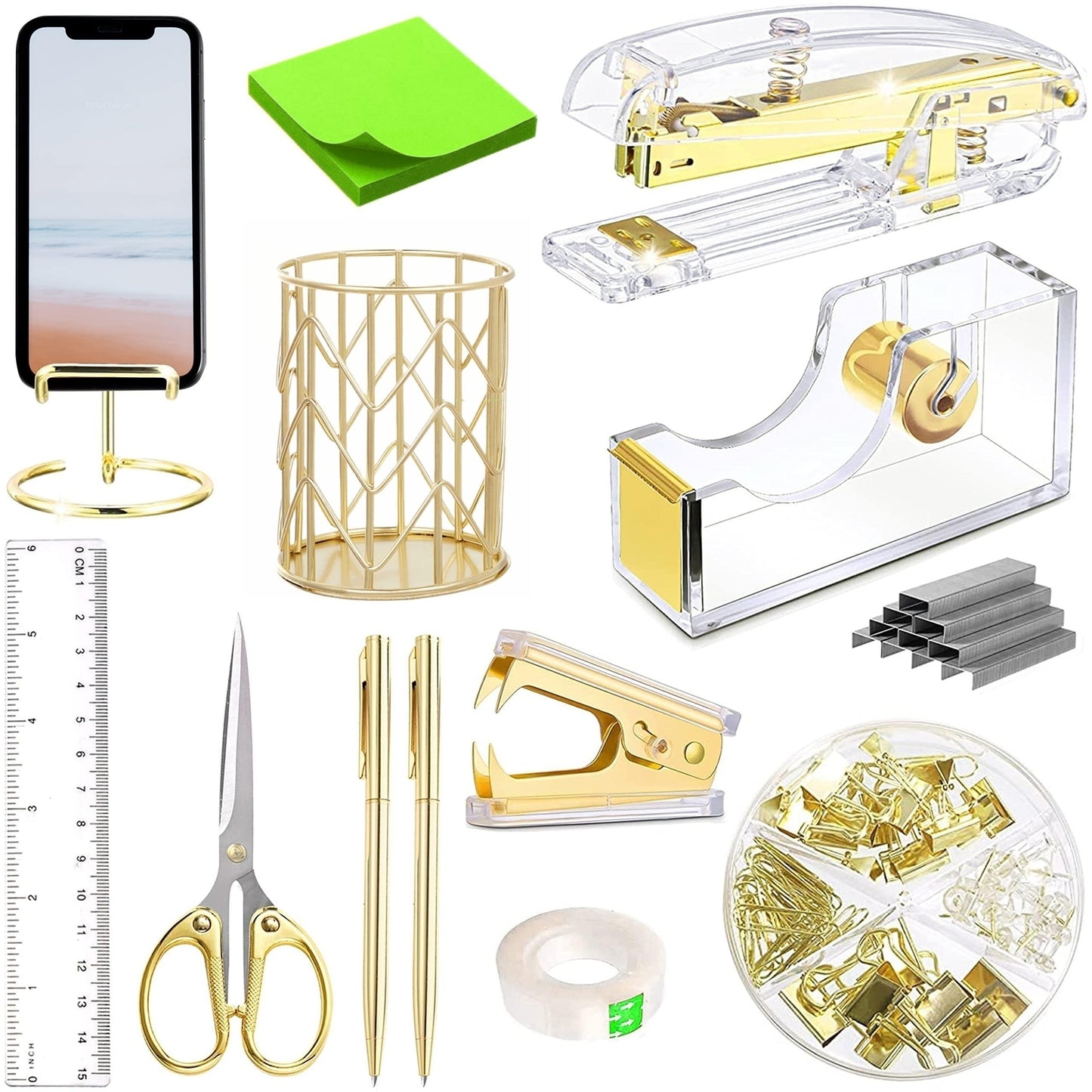 Rose Golden Desk Accessories, Acrylic Stapler, Staples Remover, Tape Holder, Pen Holder, Ballpoint Pen, Scissors, Binder, Staples, Phone Holder, Ruler, Clear Glue And Notes