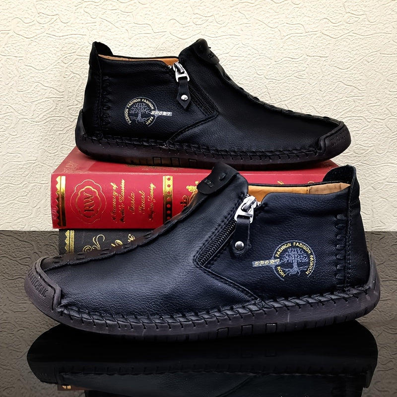 Botas masculinas com costura e zíper estilo vintage sola de borracha sapatos ao ar livre mocassins