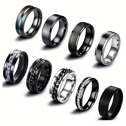 9pcs\u002Fset Men's Ring Stress Relief Chain Unisex Titanium Steel Ring Jewelry