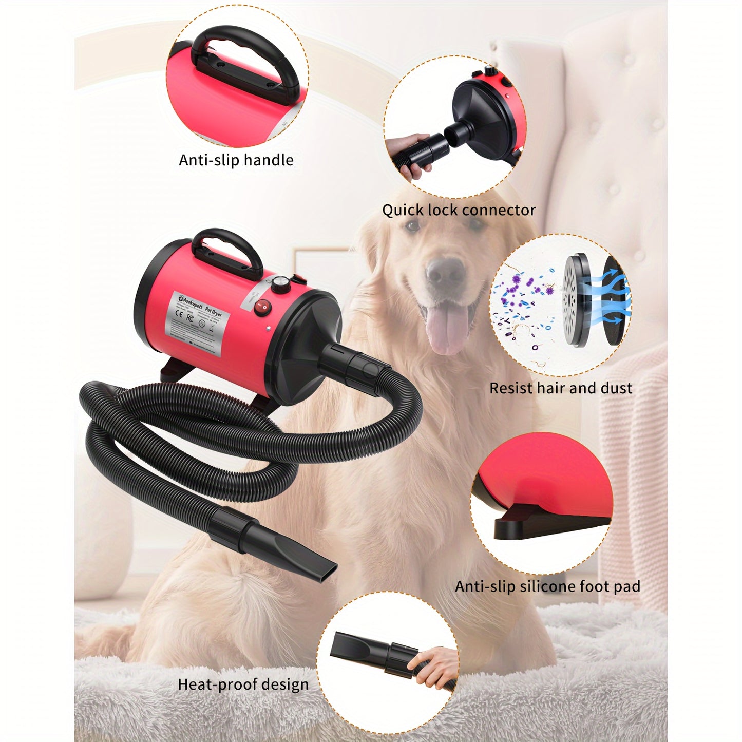 Aookupett Dog Dryer For Grooming Dog Blow Dryer, 2800w\u002F3.8HP High Velocity Dryer For Dogs, Stepless Adjustable Speed Pet Dryer, Dog Hair Dryer For Cat & Dog With Heater, 4 Nozzles, Household