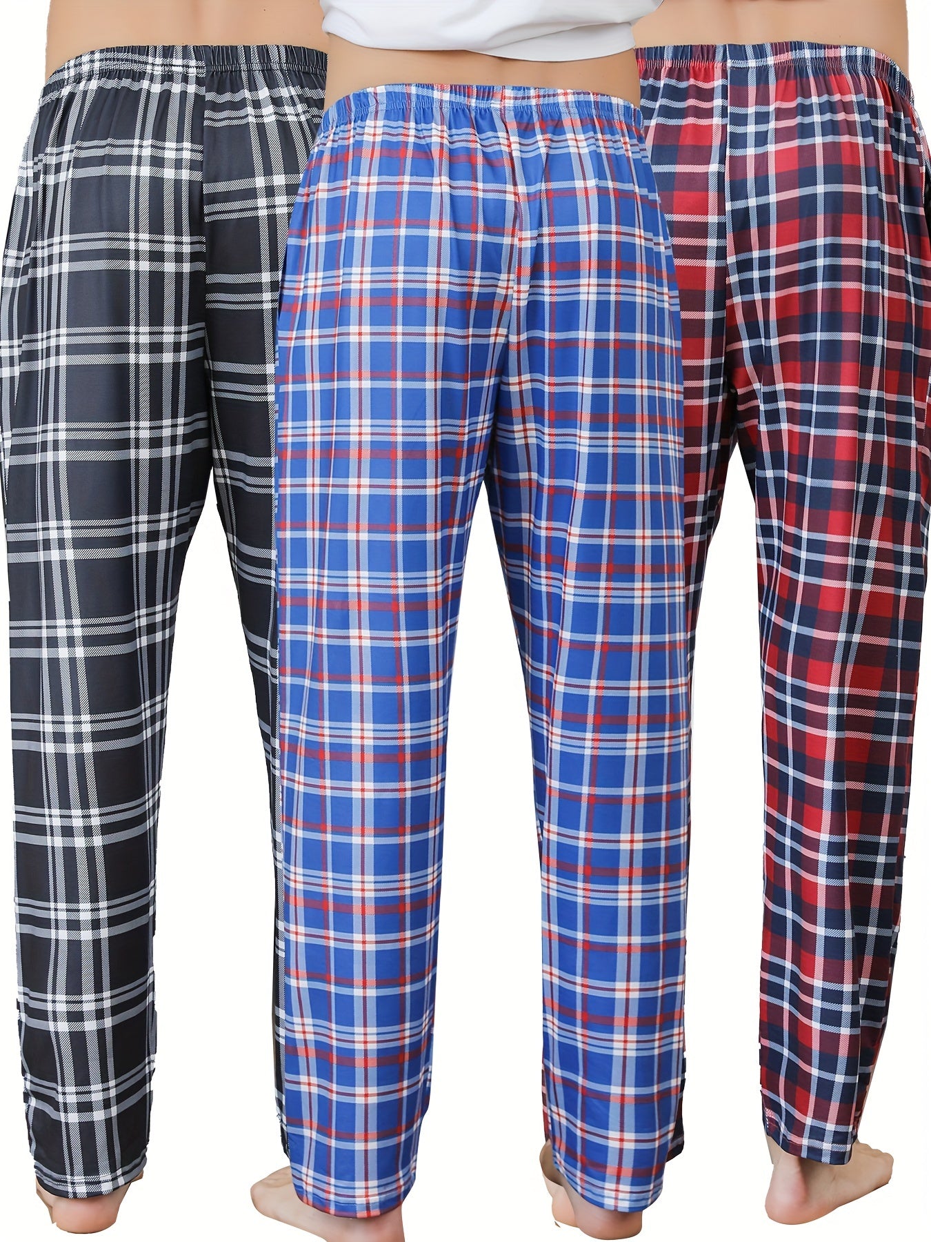 3pcs Men's Simple Style Plaid Pattern Casual Comfy Pants, Trendy Loose Stretchy Elastic Waist Home Pajamas Bottom, Suitable For Sleeping Home