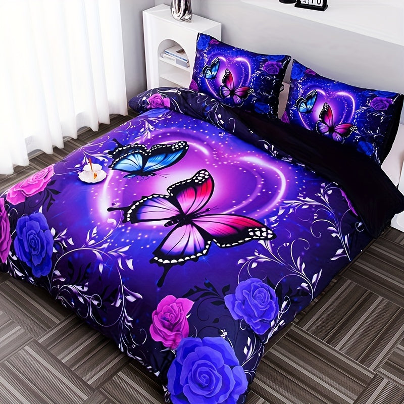 3pcs Duvet Cover Set, Fashion Classic Popular Butterfly Flower Digital Print Bedding Set, Soft Comfortable Duvet Cover, For Bedroom, Guest Room (1*Duvet Cover + 2*Pillowcase, Without Core And Quilt)